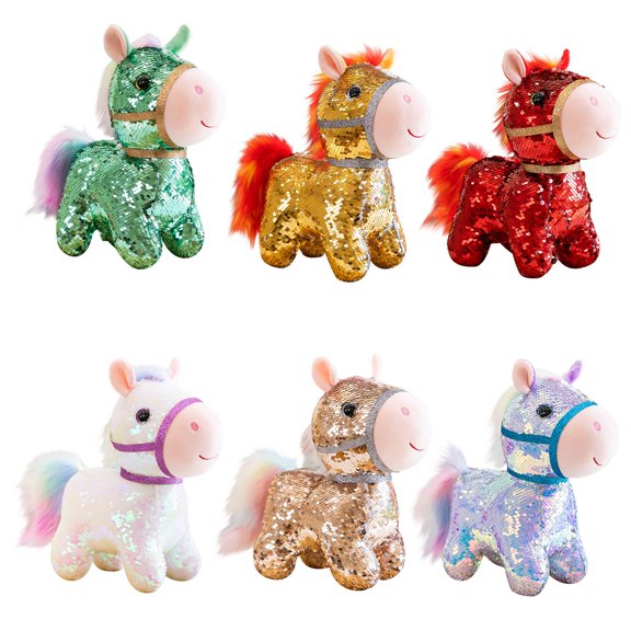 Plush Toys, Sequined Pony Figurines (12Cm Height), 6 Assorted Styles With Sparkly Sequined Fabric For Interactive Play And Decorative Display, Designed For Children's Ages 3+
