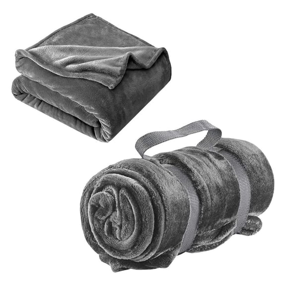 Plush Travel Blanket for Airplane & Camping - Portable Roll-Up Blanket with Strap - Soft Micro Plush - 37x62, Gray