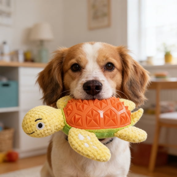 Plush Turtle Dog Chew Toy with Spiky TPR Shell Interactive Texture Sound Pet Toy for Medium and Large Breed Teething, Orange 13 Inch
