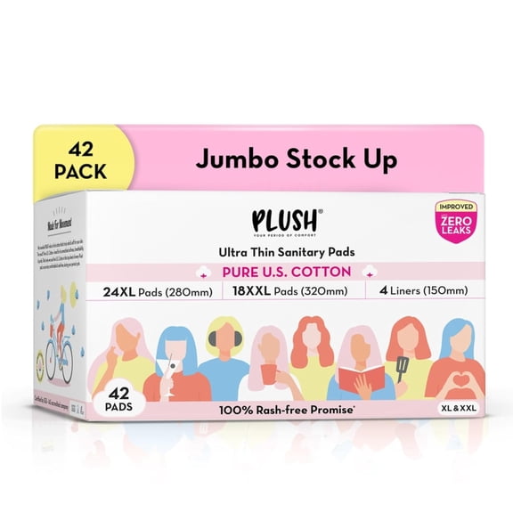 Plush Ultra-Thin Sanitary Napkins for Women, 42 Pcs | SUPER SAVER PACK | 24 XL Pads (Light-Medium Flow), 18 XXL Pad (Heavy Flow), 4 Panty Liners | 100% Rash-Free | Pure U.S. Cotton Sanitary Pads