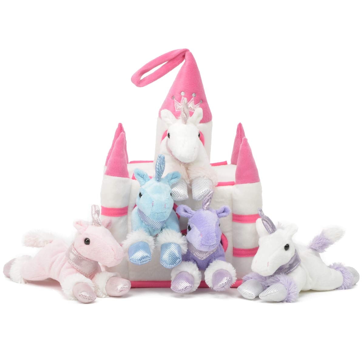 PLASMART Unipak Plush Castle with Five Stuffed Animal Unicorns, Pink and White