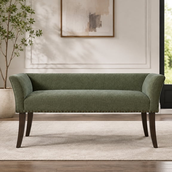 Plush Upholstered Accent Bench with Nailhead Trim, Padded Seat Entryway or End of Bed Bench with Back, 49.5" W x 19.25" D x 23" H, Green