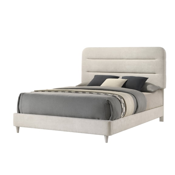 Plush Upholstered Design 1pc Queen Size Panel Bed Sleek Lines Neutral Palette Beautiful Bedroom Furniture Antique White