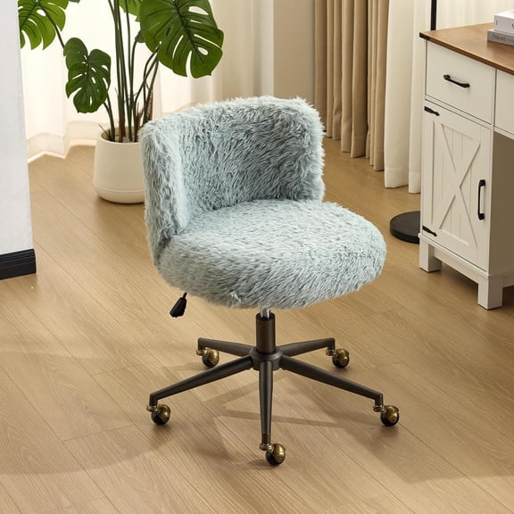 Plush Upholstery Vanity Desk Chair with Curved Back & 90-102° Tilt & Adjustable Height, Cute Rolling Chair with Bronze Base & Golden-Bronze 360° Swivel Wheels for Makeup &Home Office, Mint Blue