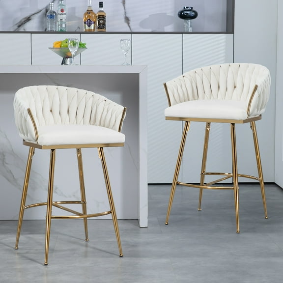 Plush Velvet Bar Chairs w/ Hand-Wave Backrest 26'' Counter Height Stool Set Elegant Gold Base Counter Barstool(2PCS)