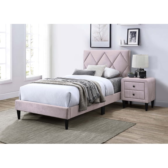 Plush Velvet Twin Bed Frame with Adjustable Headboard - Modern Diamond Tufted Design, 12 Slat Support, No Box Spring Needed, Light Pink - Bedroom Furniture