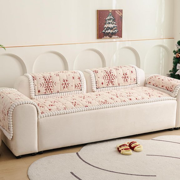 Plush Warm Sofa Cover, Pet Couch Cover for 3 Seaters Sofas, Sofa Covers for Pet Washable, Non-slip Christmas Couch Covers for Pets, Dog Couch Protectors for Christams(1PC, Beige White, 27.6"×82.7")