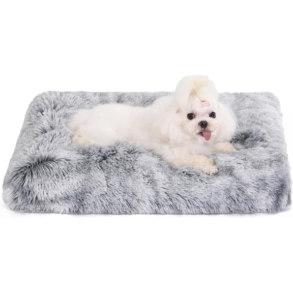 Plush Waterproof Dog Crate Bed, Removable Washable Faux Fur Cover, Fluffy Kennel Bed 17"x12", Dark Grey