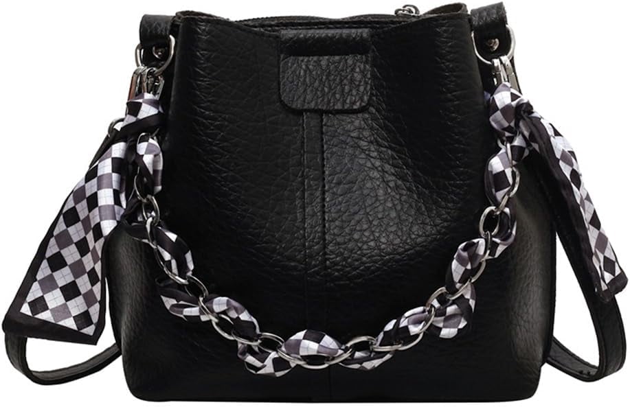 Leather Bucket Bag with Thick Chain for Women Hobo Bucket Bags and Purses Casual Crossbody Shoulder Bucket Handbag