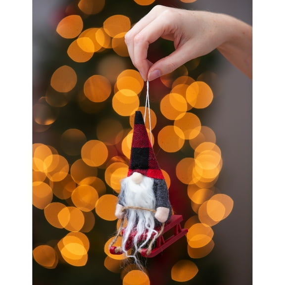 Plush Winter Gnome on Sled Ornament, 2 Asst