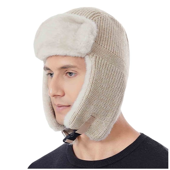 Plush Winter Hats for Men and Women Fleece Lined Cap Windproof Trapper Hat with Ear Flaps Beige