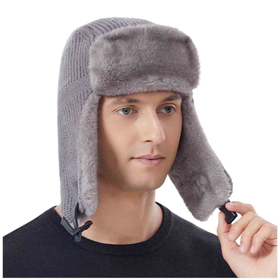 Plush Winter Hats for Men and Women Fleece Lined Cap Windproof Trapper Hat with Ear Flaps Gray
