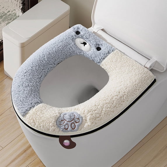 Plush Winter Toilet Seat Cover - Soft Cute Cartoon Pattern, Waterproof Back, Easy-Zip Installation & Handle for Bathroom