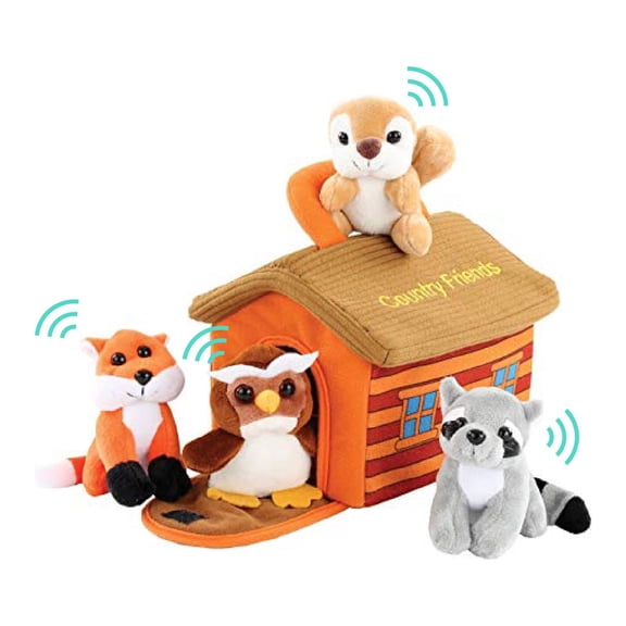 Plush Woodland Animals with Country House Carrier for Kids- 5pc- Talking Animal Interactive Toy Set- Stuffed Owl, Racoon, Fox & Squirrel