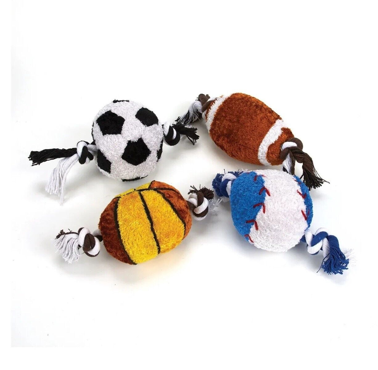 Plush and Rope 8" Dog Toy Sports Ball Squeaker Choose Your Favorite or Set of 4 (Full Set - All 4 Toys)