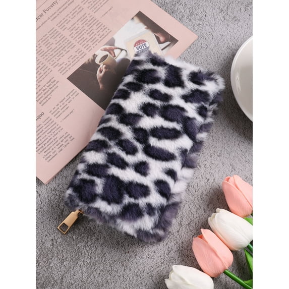 Plush coin purse, stylish leopard print long wallet, portable for everyday life (Blue)