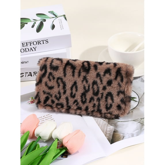 Plush coin purse, stylish leopard print long wallet, portable for everyday life (Khaki)