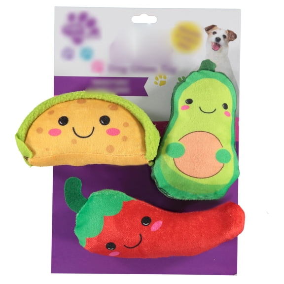 Plush dog chew toys for small dogs, 3 pack squeaky puppy toys, durable soft pet toys gift set, fruit farm zoo safari animal themes, multicolor