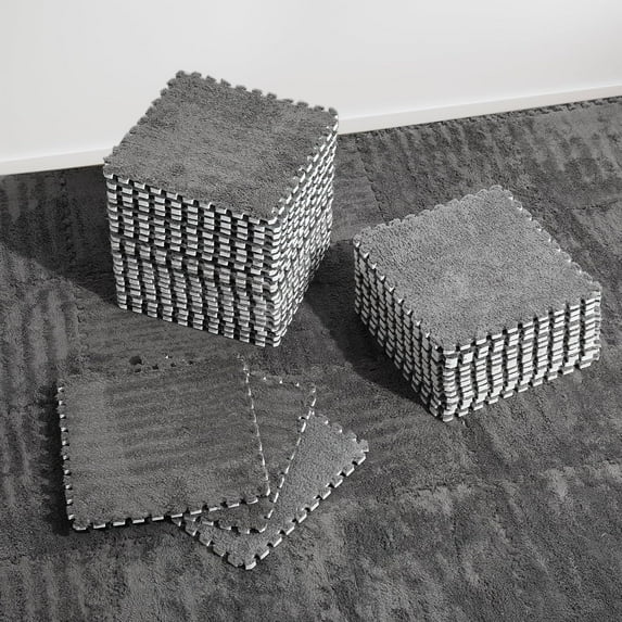 Plush interlocking carpet tiles, machine washable, anti slip, game room, available in different colors