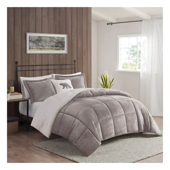 Plush to Down Comforter Set, 4 Piece, Hypoallergenic, Solid Printed, Cozy Berber Reverse, Box Quilted, Machine Washable