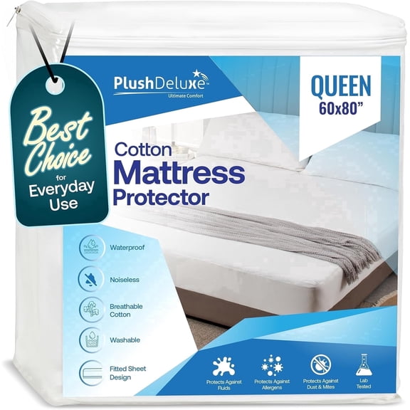 PlushDeluxe Fitted Cotton Mattress Protector, Waterproof Mattress Cover, Noiseless Bed Protector, Queen