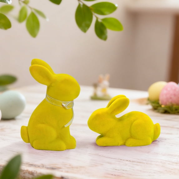 Plushes Bunny Figurine, Cute Short Pile Easter Decors, 5.7x4.9in Desktop and Living Room Ornament, Soft Springs Gift for Home and Tabletop