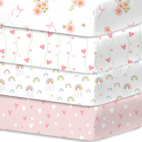 Plushii Baby Crib Sheets Fitted 4 Pack for Boys & Girls, 52'’ x 28'' Soft Microfiber Toddler Bed Sheets for Standard Crib & Toddler Mattresses (Daisies)