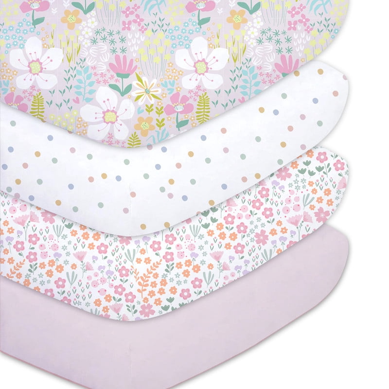 Plushii Baby Crib Sheets Fitted 4 Pack for Boys & Girls, 52'’ x 28'' Soft Microfiber Toddler Bed Sheets for Standard Crib & Toddler Mattresses (Flower)