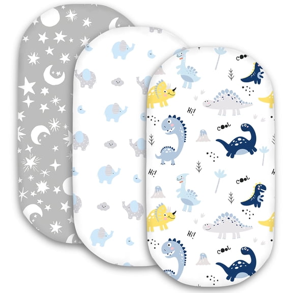 Plushii Bassinet Sheets for Baby Boys Girls 3 Pack, 33" x 18" Soft Bassinet Fitted Sheet, Bedside Sleeper Bassinet Sheets Fit for Oval Rectangle and Hourglass Bassinet Mattress (Dinosaur)