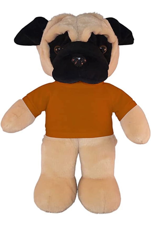8 Inch Floppy Pug Plush Stuffed Animal Personalized Gift - Custom Text on Shirt - Great Present for Mothers Day, Valentine Day, Graduation Day, Birthday (Orange)
