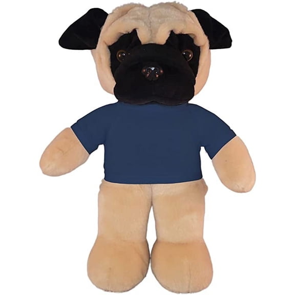 Made By Aliens 8 Inch Floppy Pug Plush Stuffed Animal Personalized Gift - Custom Text on Shirt - Great Present for Mothers Day, Valentine Day, Graduation Day, Birthday (Navy-Blue)