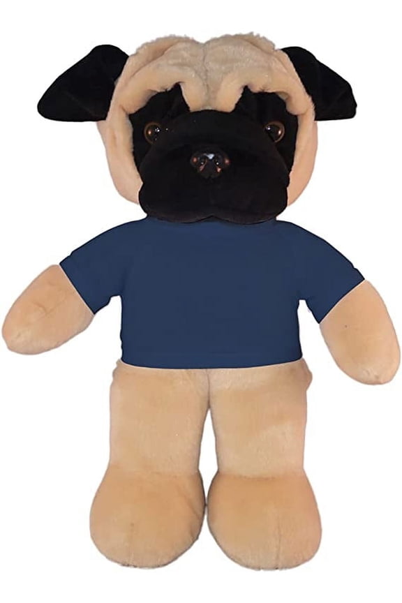 8 Inch Floppy Pug Plush Stuffed Animal Personalized Gift - Custom Text on Shirt - Great Present for Mothers Day, Valentine Day, Graduation Day, Birthday (Navy-Blue)