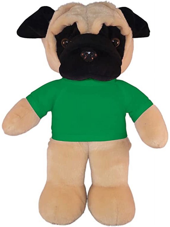 8 Inch Floppy Pug Plush Stuffed Animal Personalized Gift - Custom Text on Shirt - Great Present for Mothers Day, Valentine Day, Graduation Day, Birthday (Kelly-Green)