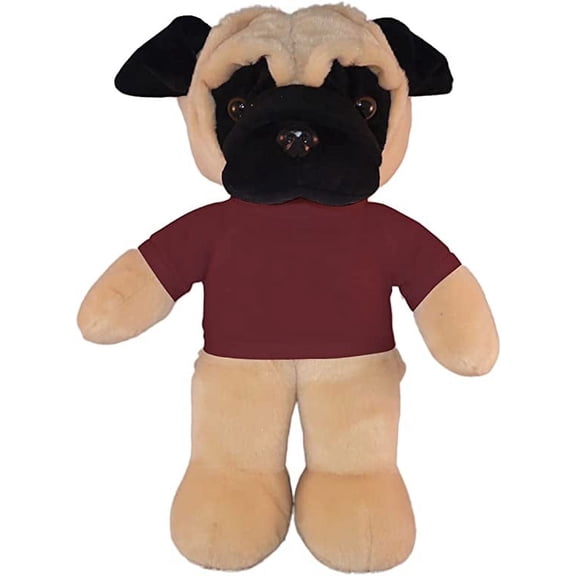 Made By Aliens 8 Inch Floppy Pug Plush Stuffed Animal Personalized Gift - Custom Text on Shirt - Great Present for Mothers Day, Valentine Day, Graduation Day, Birthday (Maroon)