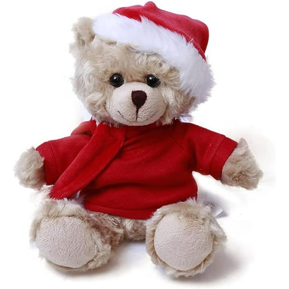 Made By Aliens Customize Shirt Xmas Soft Mocha Chocolate Beige Teddy Bear, Christmas Hat and Scarf Stuffed Animal Holiday Toys Custom Accessories – A Perfect Toy Gift for Kids 6 Inch (Beige-Red)