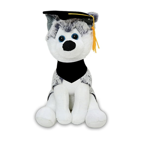 Plushland Cuddly Dog Toy, Customize Each Dog With your School Logo on Its Black Bandanna, for Graduation Day Graduation Husky