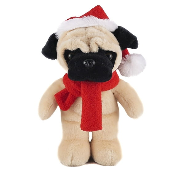 Made By Aliens Customize Soft Xmas Plush Stuffed Animal Gift with Red and White Santa Hat and Winter Scarf 12 Inch, Holiday Toys Personalized Gift - Great Present for Christmas (Pug)