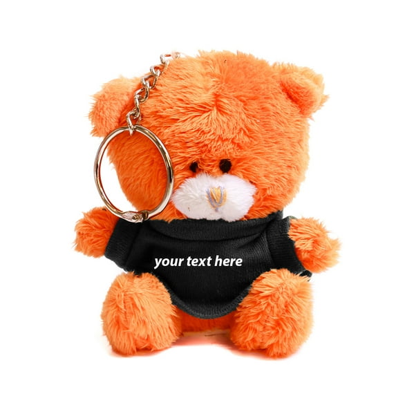 Plushland Orange Qbeba Bear Keychain 4 Inches Personalized Gift - Custom Text on T-Shirt - Great Present for All Ages