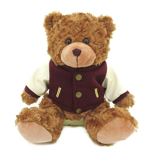Plushland Stuffed Animal Classic Mocha Bear 11" with Varsity Jacket, Plush Bear Toy for Kids & Adults with Cute Outfits