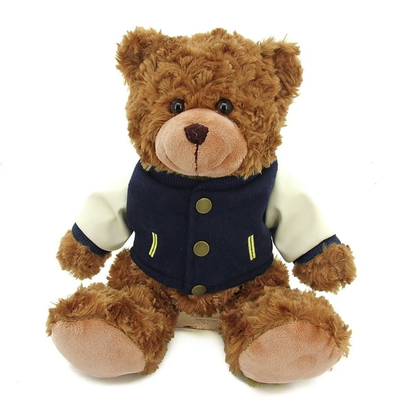 Plushland Stuffed Animal Classic Mocha Bear 11" with Varsity Jacket, Plush Bear Toy for Kids & Adults with Cute Outfits