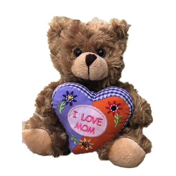 Plushland Stuffed Mocha Sitting Bear with Mom Floral Heart  I Love mom- Plush Bear Toy for Mother's Day - Embroidered Heart Pillow - Brown-9 inches