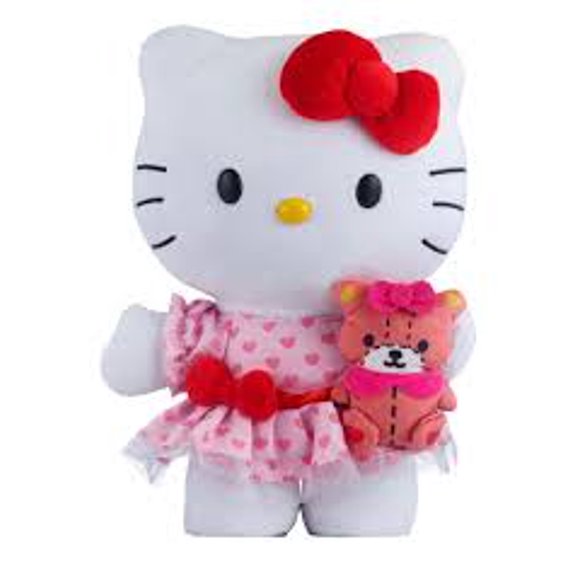 Plushy Hello Plushy in Pink Dress Holding Small Bear (Soft Stuffed Animal)