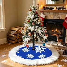 Plushy Snowflake-Patterned Patchwork Christmas Tree Skirt Christmas Tree Mat Christmas Scene Decorations