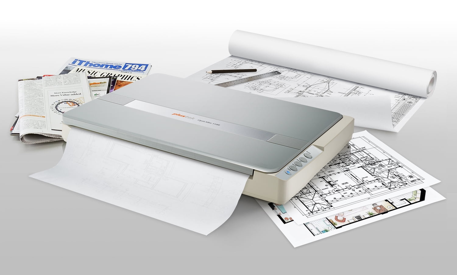 Plustek Large Format Flatbed Scanner OS 1180 - A3 / Tabloid/Legal Size  scan, Up to 1200 DPI scan Resolution for Blueprints and Document. Design  for