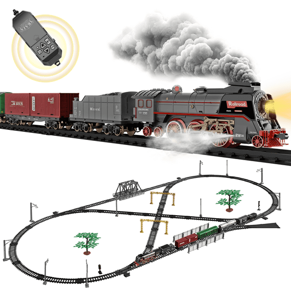 Plustopoy Rechargeable Electric Train Set with Smoke and Remote, Steam Toy Train with Lights Music, 199-Piece Plastic Track Playset, Ages 3+