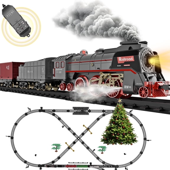Plustopoy Rechargeable Electric Train Set with Smoke and Remote, Steam Toy Train with Lights Music, 199-Piece Plastic Track Playset, Ages 3+