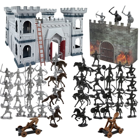 Plustopoy Medieval Castle Toy Army Men Figurines, Castle Building Assembled Knight Toys with Cavalry,8 Knights and 8 Horse, 36 Soldiers