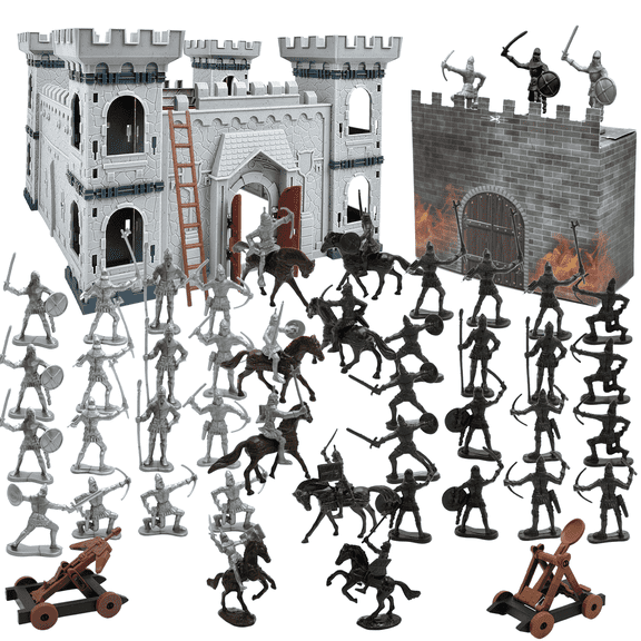Plustopoy Medieval Castle Toy Army Men Figurines, Castle Building Assembled Knight Toys with Cavalry,8 Knights and 8 Horse, 36 Soldiers