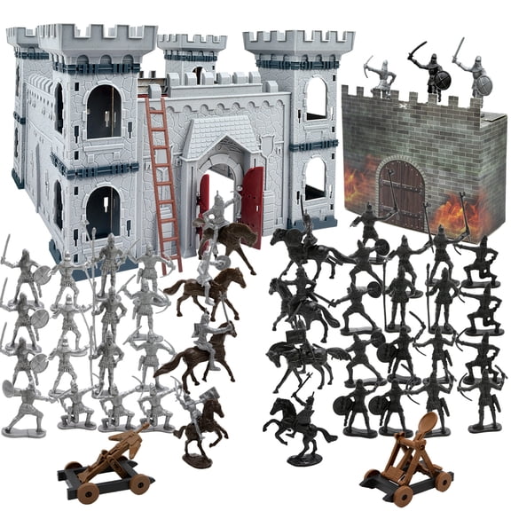 Plustopoy Medieval Castle Toy Army Men Figurines, Castle Building Assembled Knight Toys with Cavalry,8 Knights and 8 Horse, 36 Soldiers