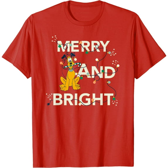 Pluto Merry and Bright Christmas Holiday DTG Print Unisex T-Shirt,Red Color,Size L